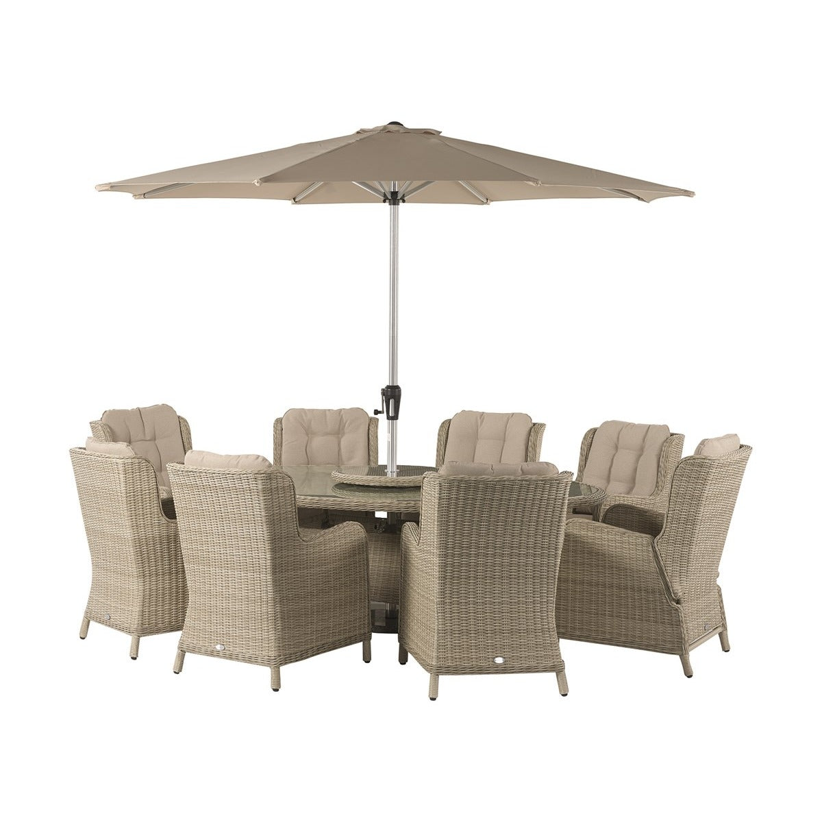 Sandstone Rattan 8 Seat Elliptical Dining Set (including 2 Recliners) with Lazy Susan, Parasol & Basegarden