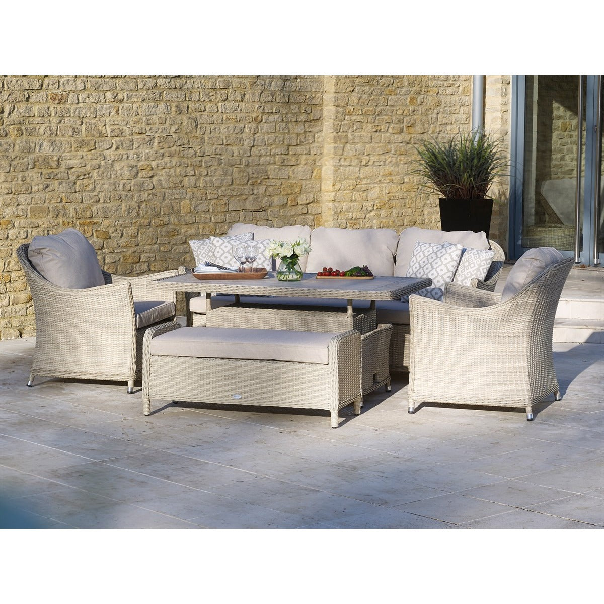 Sandstone Rattan 3 Seater Sofa with Dual Height Rectangle Table, 2 Armchairs & Benchgarden