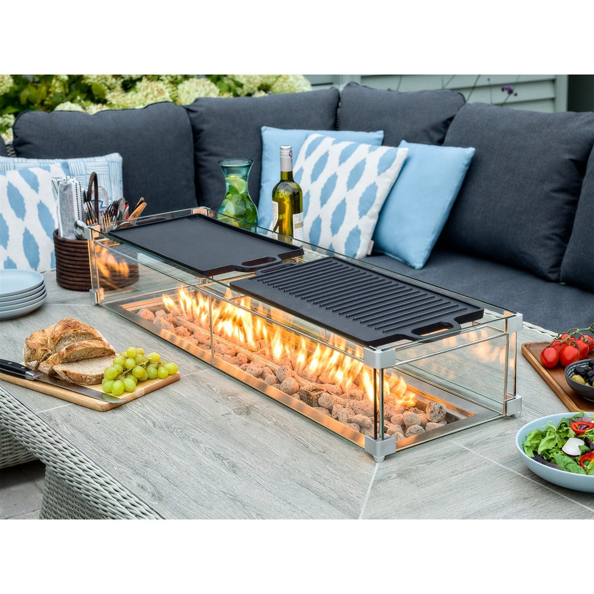 Dove Grey Rattan L-Shape Sofa with Rectangle Firepit Table & 2 Benchesgarden