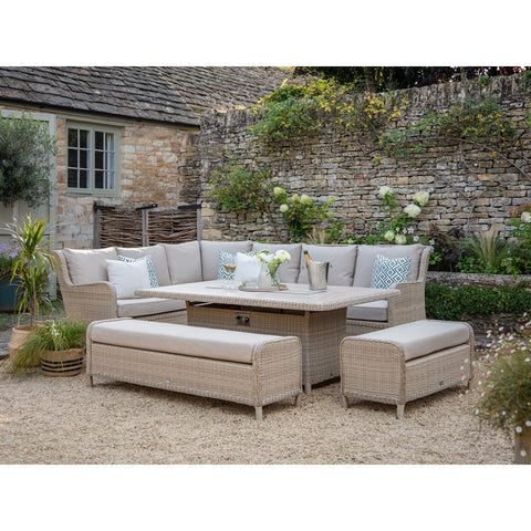 Sandstone Rattan L-Shape Sofa with Rectangle Firepit Table & 2 Benchesgarden