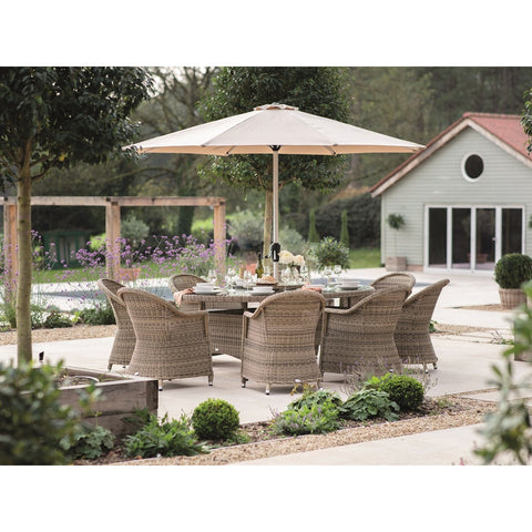 Rattan 8 Seat Elliptical Dining Set Table with Lazy Susan, Parasol & Basegarden