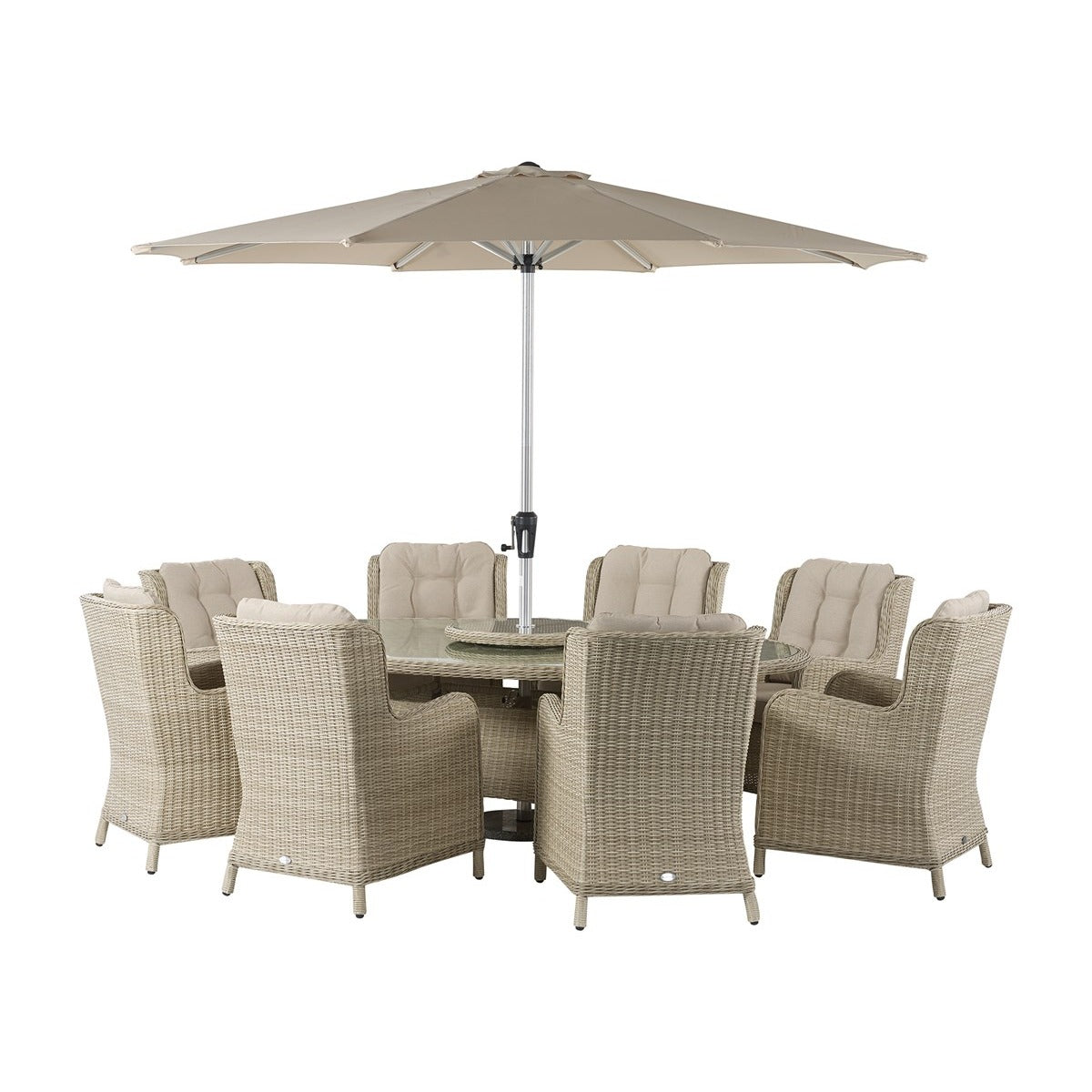 Sandstone Rattan 8 Seat Elliptical Dining Set with lazy Susan, Parasol & Basegarden