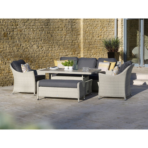 Dove Grey Rattan 3 Seater Sofa with Dual Height Rectangle Table, 2 Armchairs & Benchgarden