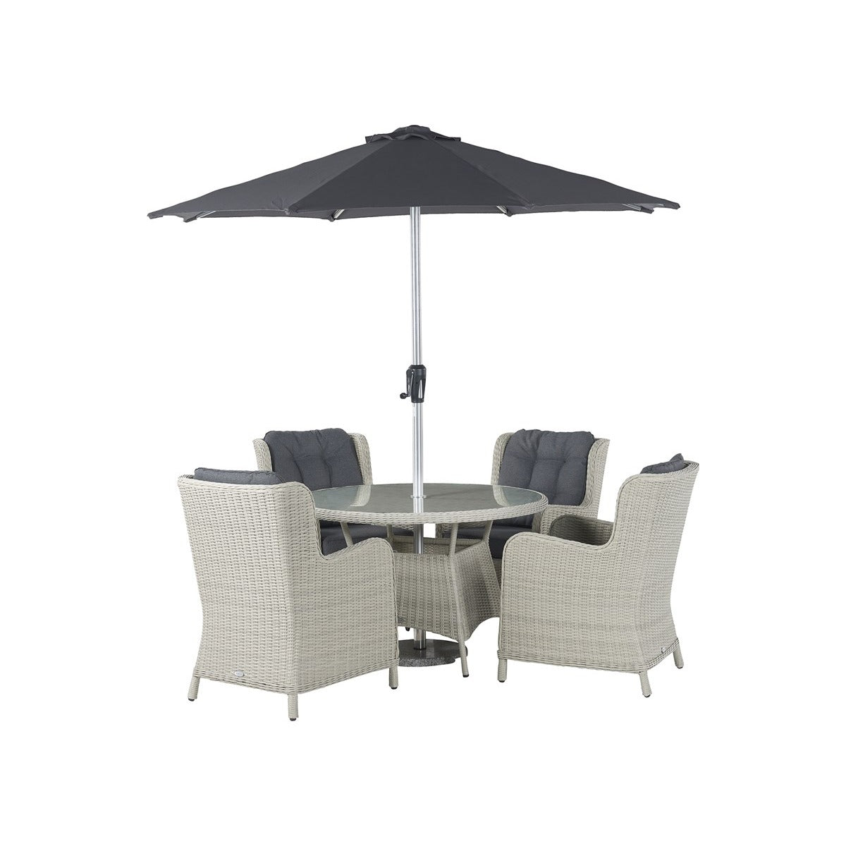 Dove Grey Rattan 4 Seat Round Dining Set with Parasol & Basegarden