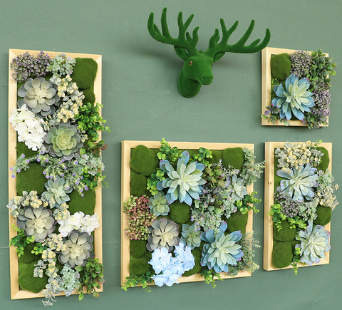 Wall-hung plants decorate the background wall with green plants, and the deer head is fleshy.