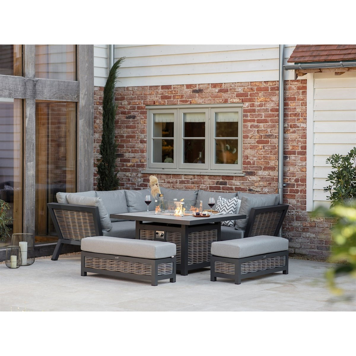 Wicker Corner Sofa with Square Firepit Table & 2 Benchesgarden