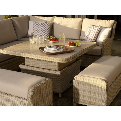 Sandstone Rattan Reclining Corner Sofa with Square Dual Height Table & 2 Benchesgarden