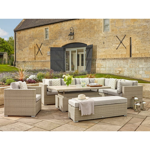 Nutmeg Rattan L-Shape Sofa with Rectangle Dual Height Table, Armchair & Benchgarden