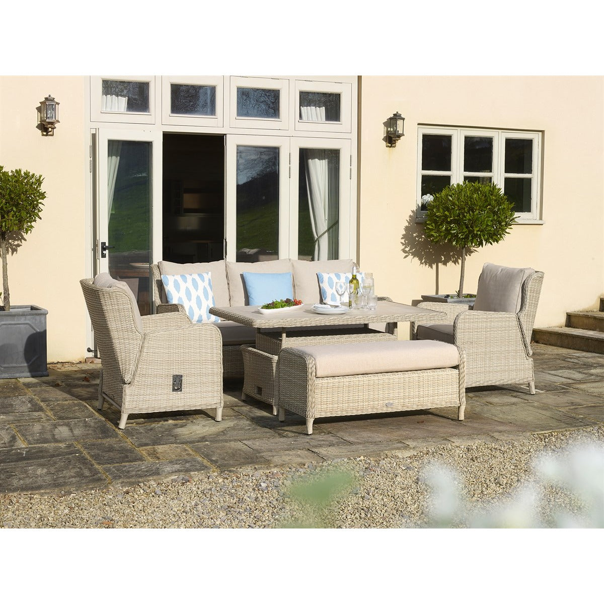 Sandstone Rattan Reclining 3 Seater Sofa with Rectangle Dual Height Table, 2 Reclining Armchairs & Benchgarden