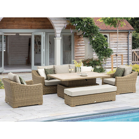 Rattan 3 Seater Sofa with Rectangle Piston Adjustable Table, 2 Armchairs & Benchgarden