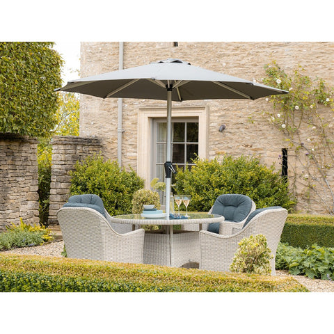 Dove Grey Rattan 4 Seat Round Dining Set with Parasol & Basegarden