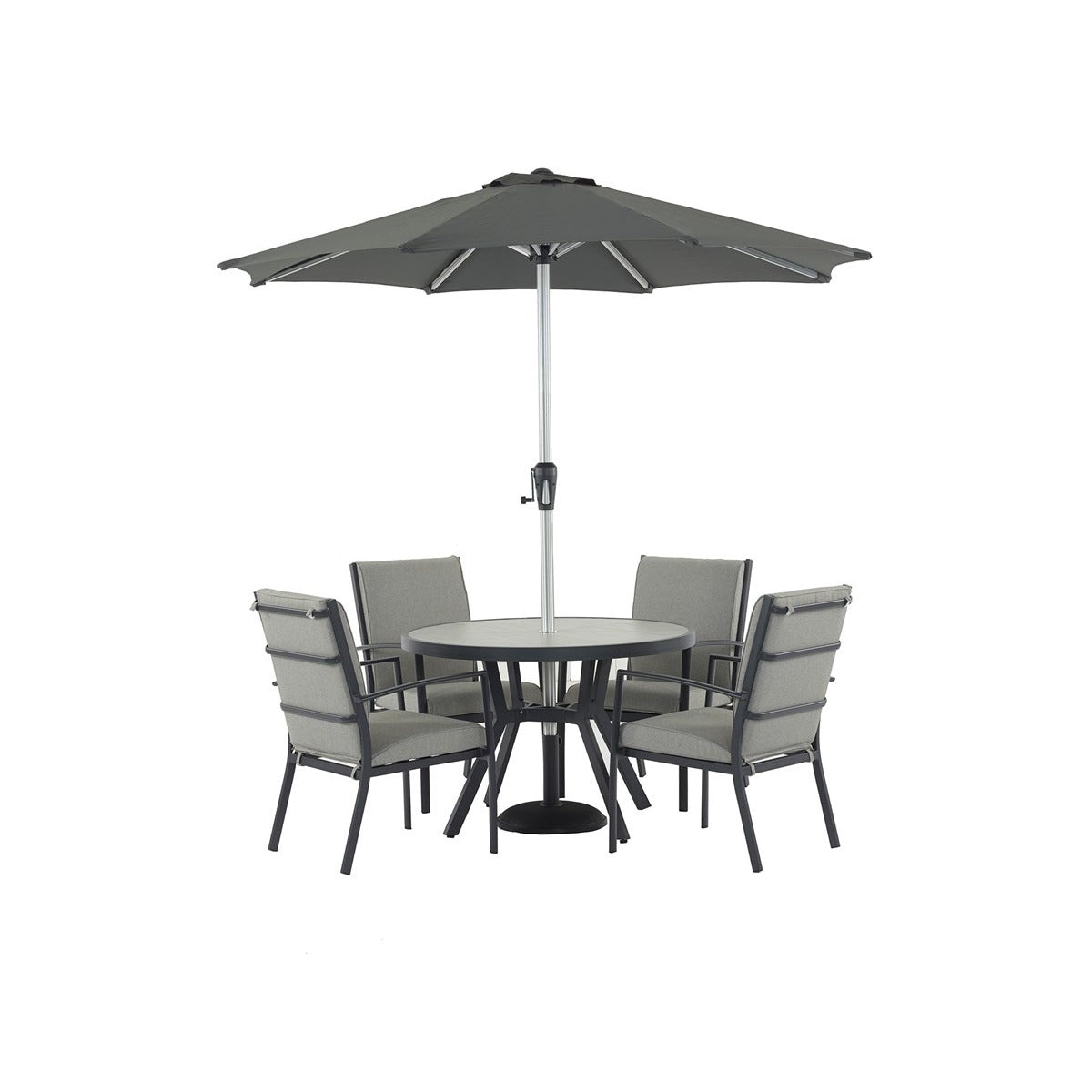 4 Seat Round Dining Set with Valencia Chairs, Parasol & Basegarden