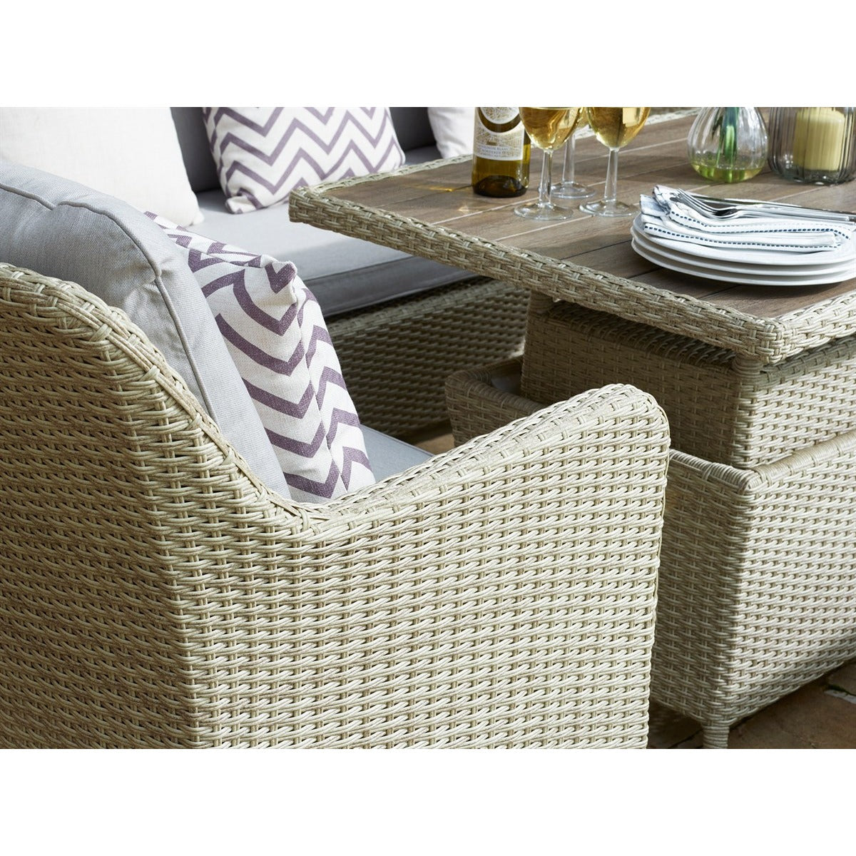 Nutmeg Rattan L-Shape Sofa with Rectangle Dual Height, Tree-Free Top Table, Armchair & Benchgarden