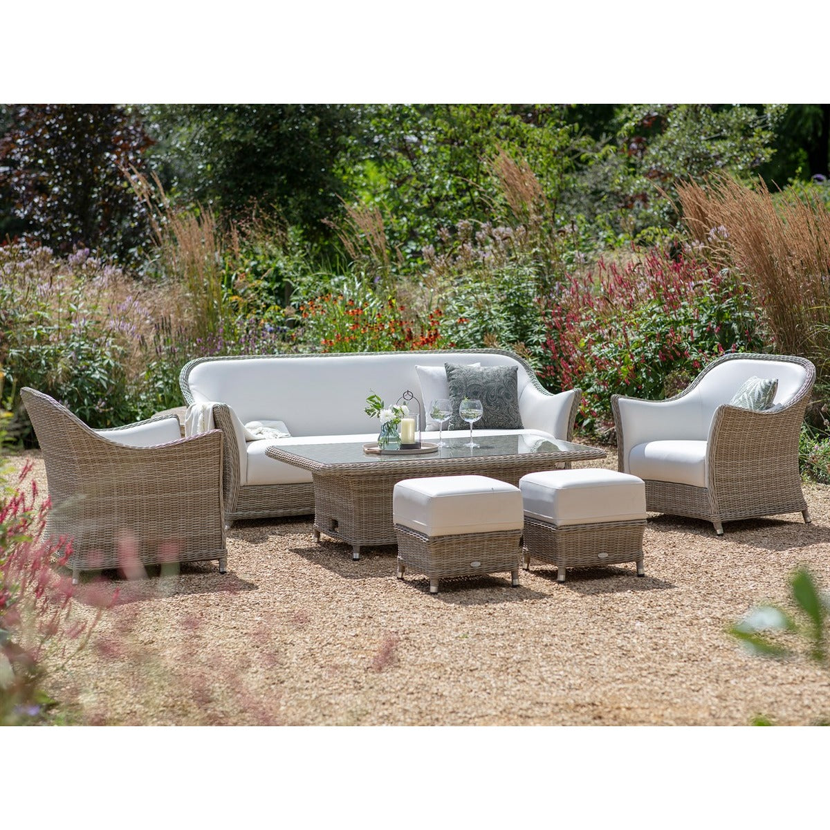 Carlo 3 Seater Sofa with Rectangle Dual Height Table, 2 Armchairs & 2 Stoolsgarden