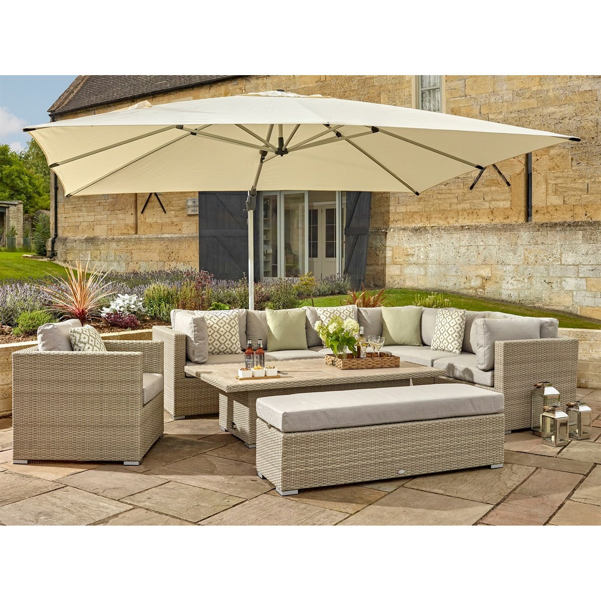 Nutmeg Rattan L-Shape Sofa with Rectangle Dual Height Table, Armchair & Benchgarden