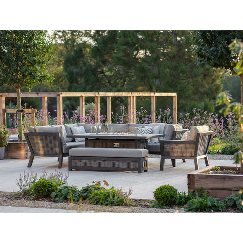 Wicker L-Shape Sofa with Rectangle Firepit Table, Bench & Chairgarden