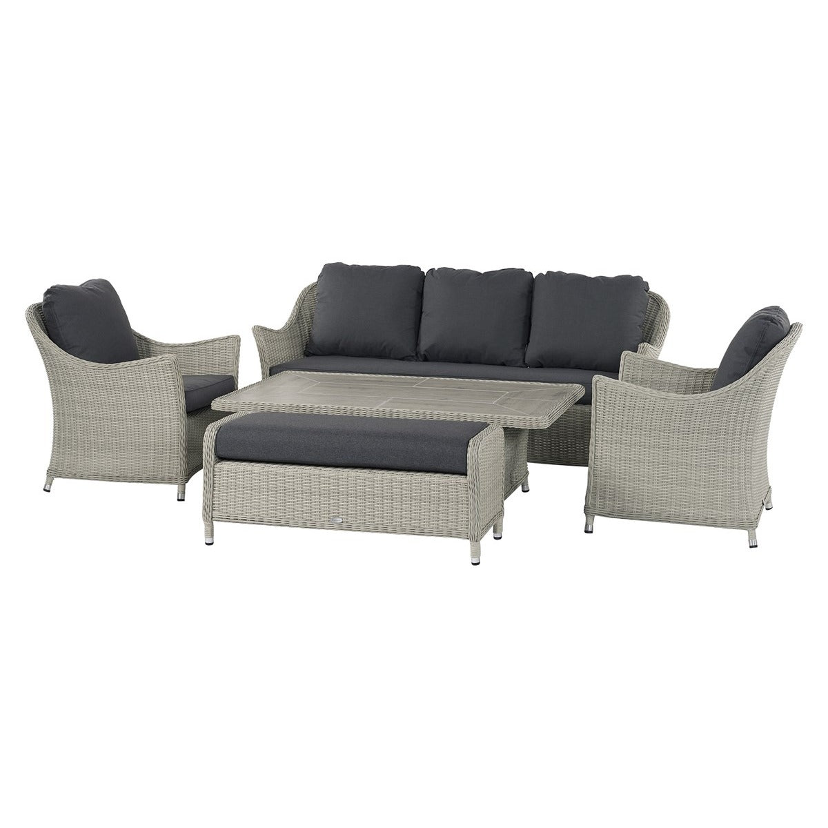 Dove Grey Rattan 3 Seater Sofa with Dual Height Rectangle Table, 2 Armchairs & Benchgarden