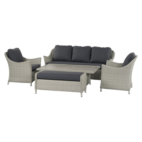 Dove Grey Rattan 3 Seater Sofa with Dual Height Rectangle Table, 2 Armchairs & Benchgarden