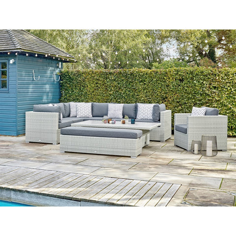 Cloud Rattan L-Shape Sofa with Rectangle Dual Height Table, Armchair & Benchgarden