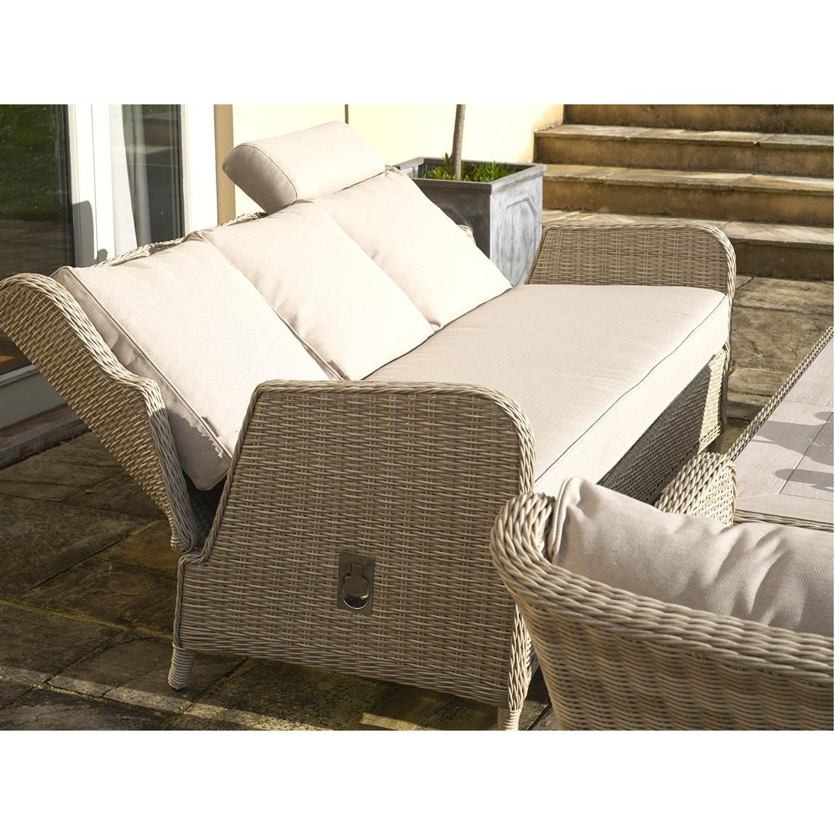 Sandstone Rattan Reclining 3 Seater Sofa with Rectangle Dual Height Table, 2 Reclining Armchairs & Benchgarden