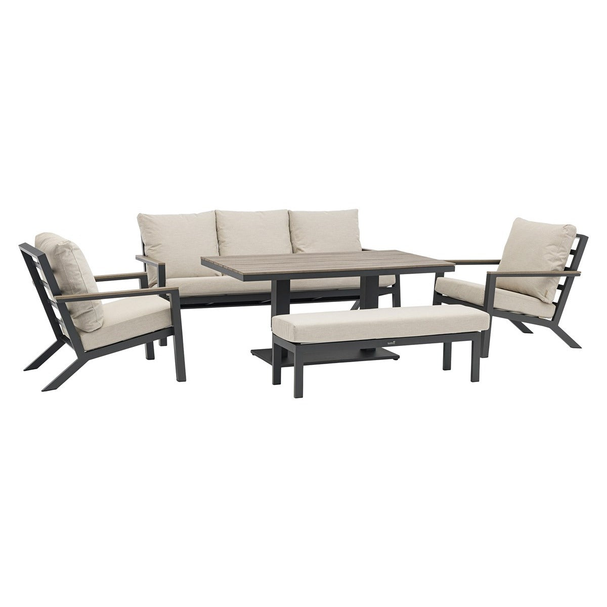 3 Seater Sofa with Rectangle Piston Adjustable Table, 2 Armchairs & Benchgarden