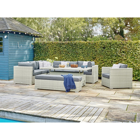 Cloud Rattan L-Shape Sofa with Rectangle Dual Height Table, Armchair & Benchgarden