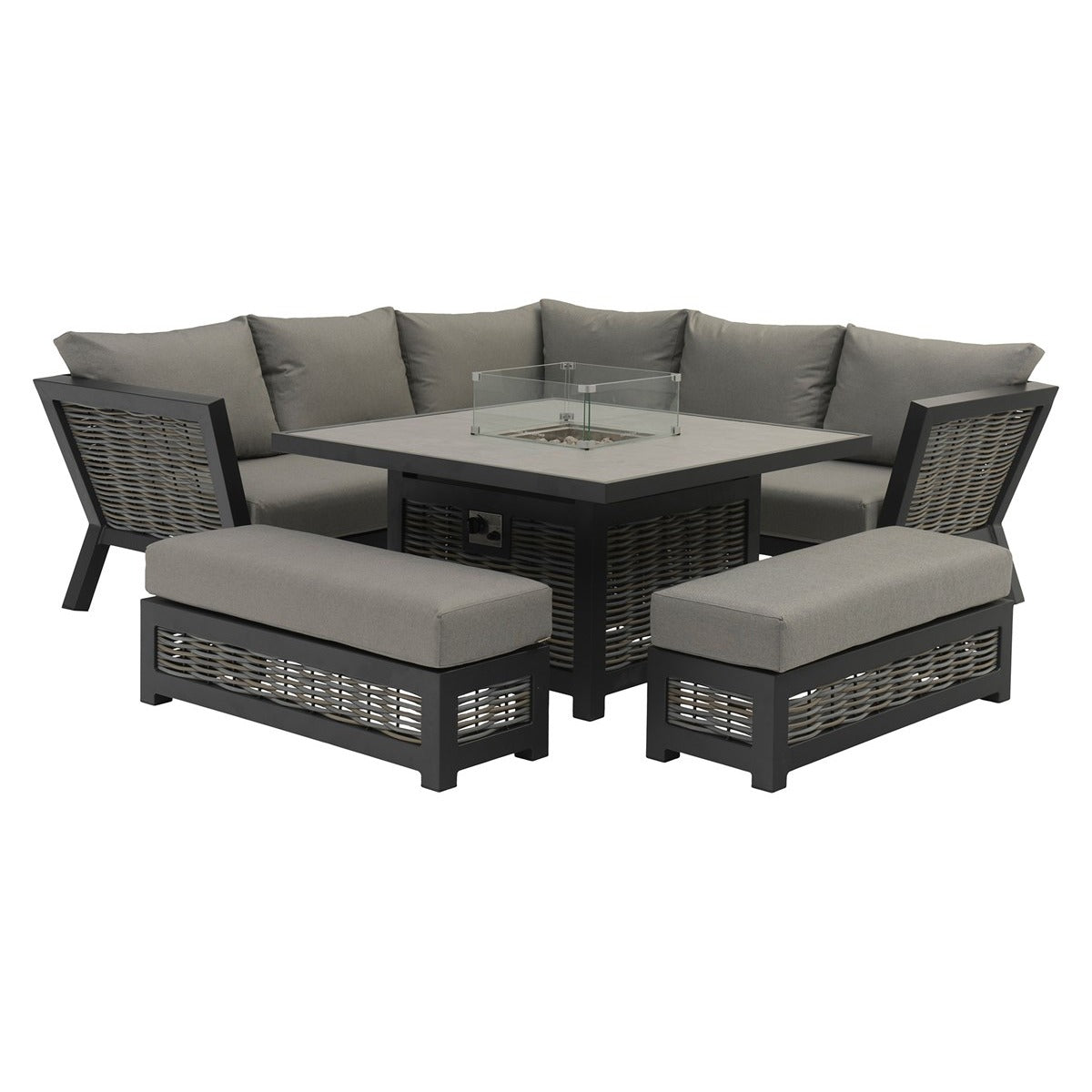 Wicker Corner Sofa with Square Firepit Table & 2 Benchesgarden