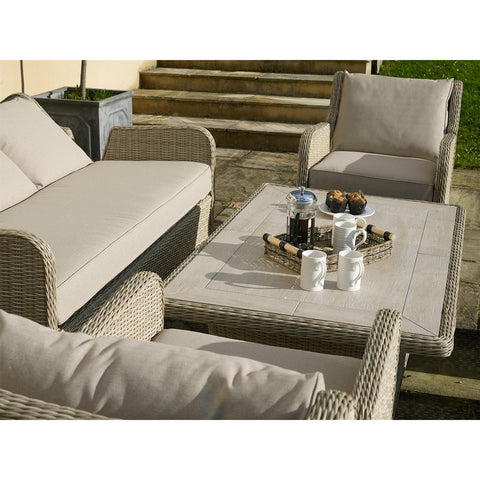 Sandstone Rattan Reclining 3 Seater Sofa with Rectangle Dual Height Table, 2 Reclining Armchairs & Benchgarden