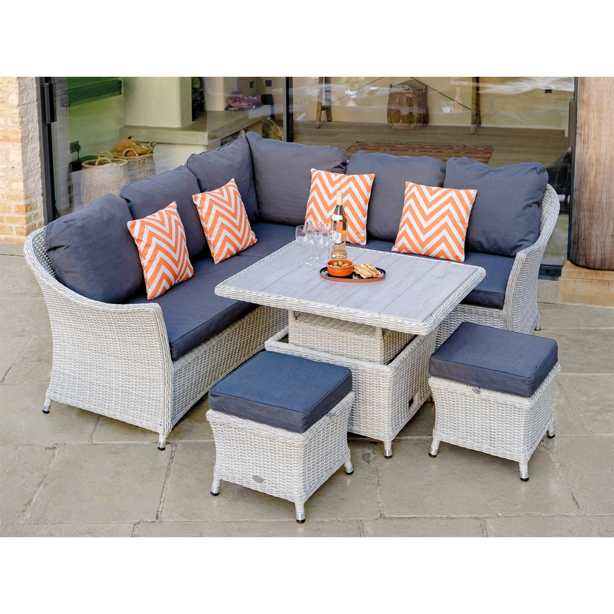 Dove Grey Rattan Mini Corner Sofa with Dual Height Table & 2 Stoolsgarden