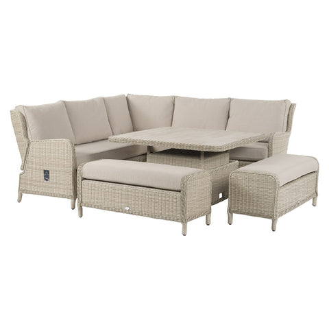 Sandstone Rattan Reclining Corner Sofa with Square Dual Height Table & 2 Benchesgarden