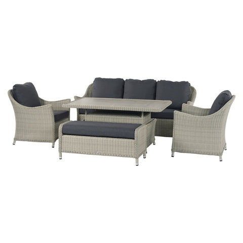 Dove Grey Rattan 3 Seater Sofa with Dual Height Rectangle Table, 2 Armchairs & Benchgarden