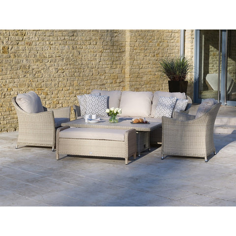 Sandstone Rattan 3 Seater Sofa with Dual Height Rectangle Table, 2 Armchairs & Benchgarden