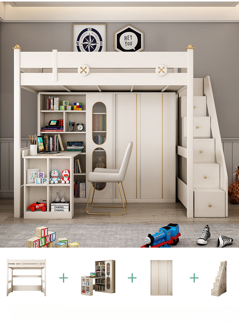 The upper and lower desks are integrated with all solid wood children's combination beds.