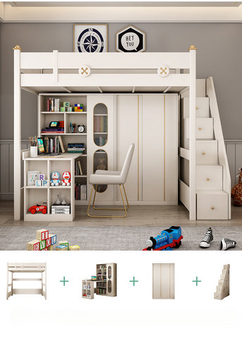 The upper and lower desks are integrated with all solid wood children's combination beds.