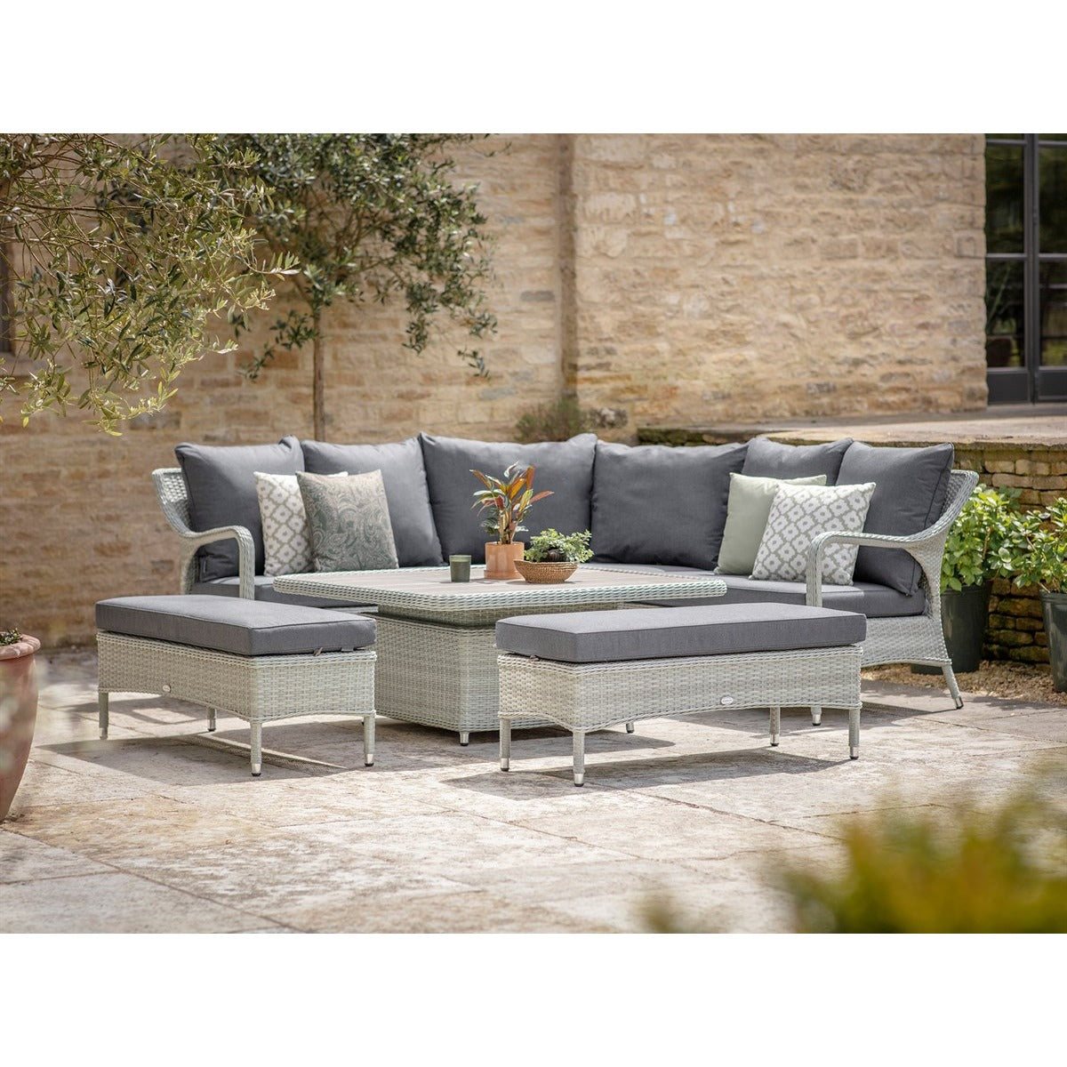 Cloud Rattan Corner Sofa with Square Dual Height Table & 2 Benchesgarden