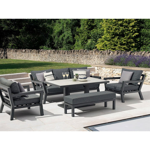 Marino 3 Seater Sofa with Rectangle Piston Adjustable Table, 2 Armchairs & Benchgarden