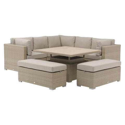 Nutmeg Rattan Corner Sofa with Square Dual Height Table & 2 Benchesgarden