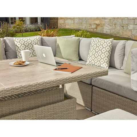 Nutmeg Rattan L-Shape Sofa with Rectangle Dual Height Table, Armchair & Benchgarden