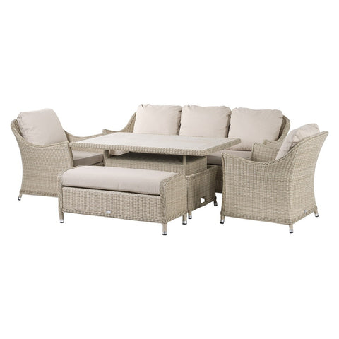 Sandstone Rattan 3 Seater Sofa with Dual Height Rectangle Table, 2 Armchairs & Benchgarden