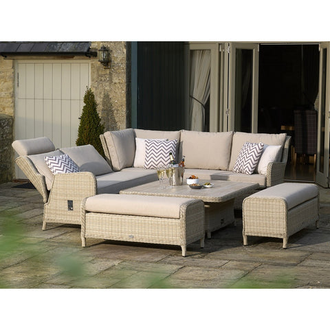 Sandstone Rattan Reclining Corner Sofa with Square Dual Height Table & 2 Benchesgarden