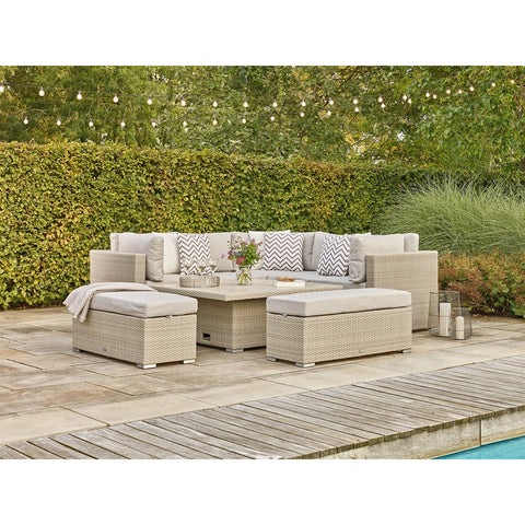 Nutmeg Rattan Corner Sofa with Square Dual Height Table & 2 Benchesgarden