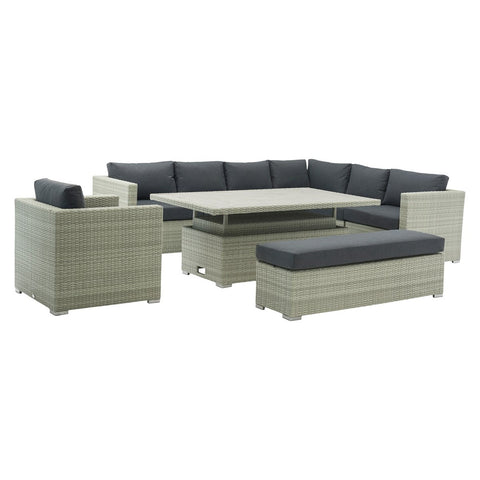 Cloud Rattan L-Shape Sofa with Rectangle Dual Height Table, Armchair & Benchgarden