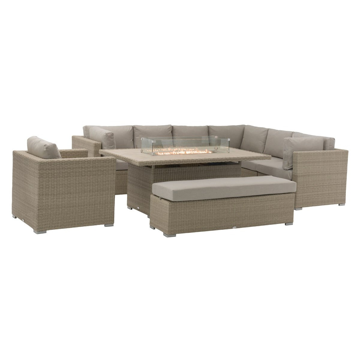 Nutmeg Rattan L-Shape Sofa with Rectangle Firepit Table, Armchair & Benchgarden