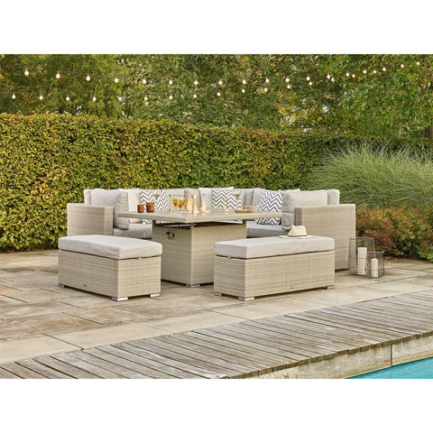 Nutmeg Rattan Corner Sofa with Square Firepit Table & 2 Benchesgarden