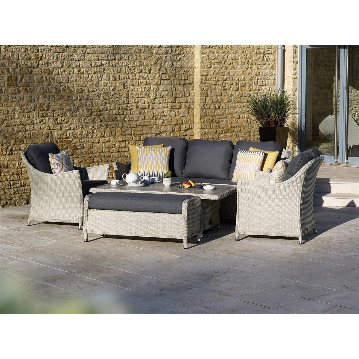 Dove Grey Rattan 3 Seater Sofa with Dual Height Rectangle Table, 2 Armchairs & Benchgarden