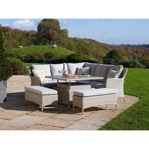 Nutmeg Rattan Corner Sofa with Square Dual Height Tree-Free Top Table & 2 Benchesgarden