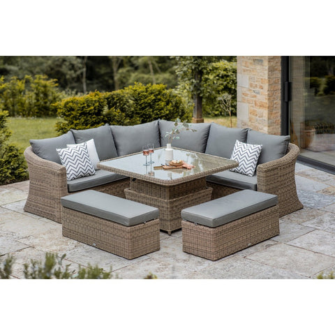 Rattan Deluxe Corner Sofa with Square Dual Height Table & 2 Benchesgarden