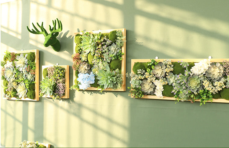 Wall-hung plants decorate the background wall with green plants, and the deer head is fleshy.