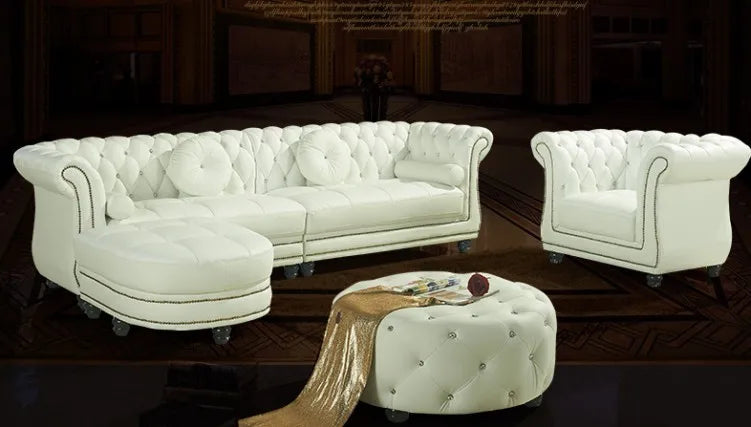 Modern Living Room Set White Leather Chesterfield Sofa