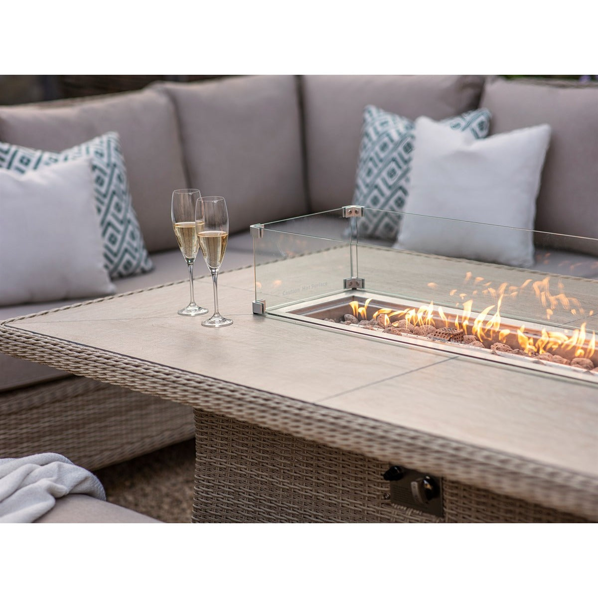 Sandstone Rattan L-Shape Sofa with Rectangle Firepit Table & 2 Benchesgarden